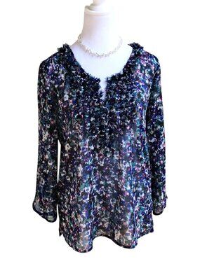 DKNY Blouse Top Ruffled Blue Multi Silver Metallic Sheer (S)